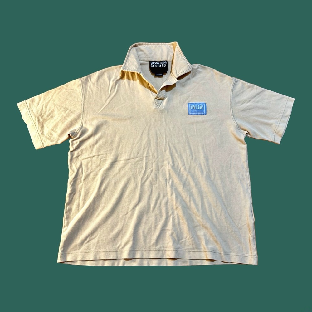 Oversized Versace Jeans Couture Short Sleeve Logo Polo Top, Sand, Tan, Men's S